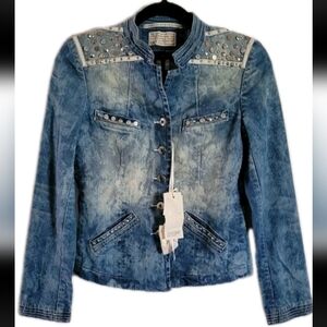 Fracomina Handmade Denim Jacket Jewel Application Studs Rhinestones Acid Wash